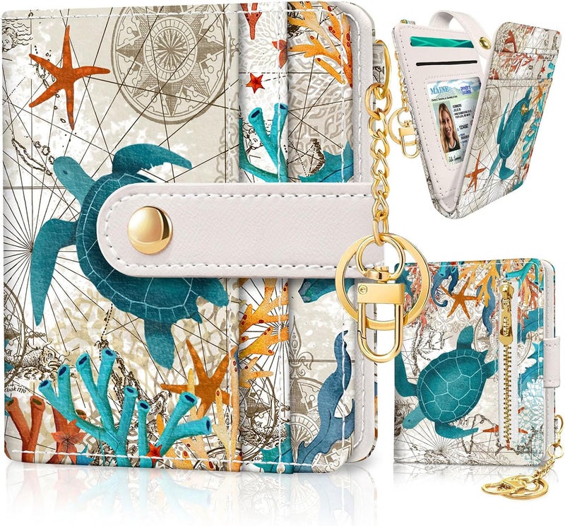 Jogjam Sea Turtle Rfid Women Wallet, Small Slim Thin Credit Card Wallet, PU Leather Bifold Cash Zipper Coin Pocket ID Window for Female Ladies Teen Girls Girly - Image 1